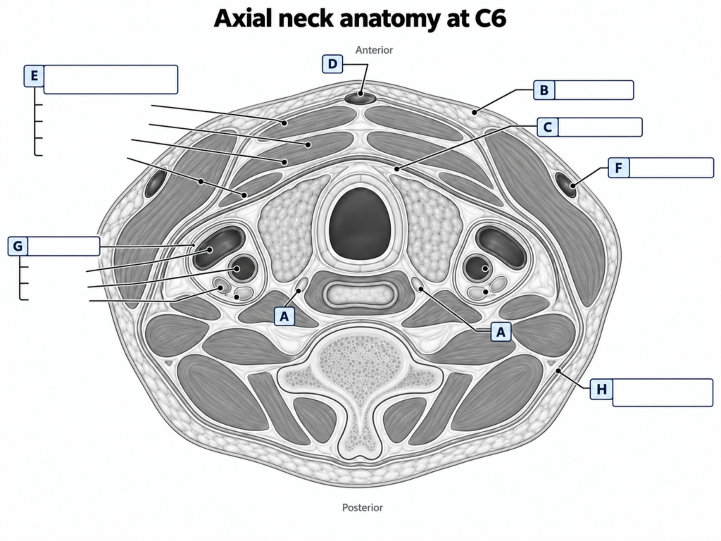 Black-and-white axial neck anatomy at C6 with A–H markers for anatomy identification